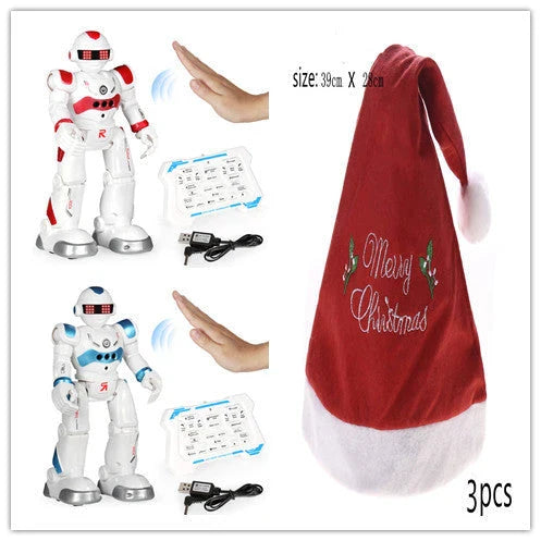 Remote-controlled dancing robot toy with gesture-sensing controls, preprogrammed songs and dances, and customizable programming capabilities