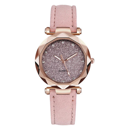 Starry Sky Women's Watch with Rhinestone Accents - Leather Strap in Various Colors