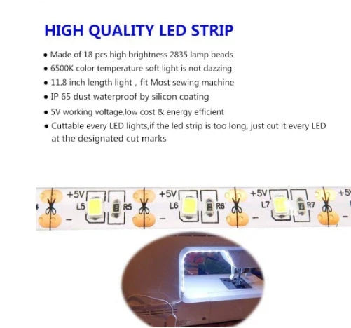 Adjustable LED light bar with touch-sensitive dimming controls for sewing machines, providing customizable lighting for sewing, quilting, and embroidery projects.