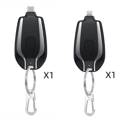 A compact, 1500mAh portable power bank with a keychain design, featuring a waterproof and durable construction for on-the-go charging of smartphones, tablets, and other USB-powered devices.