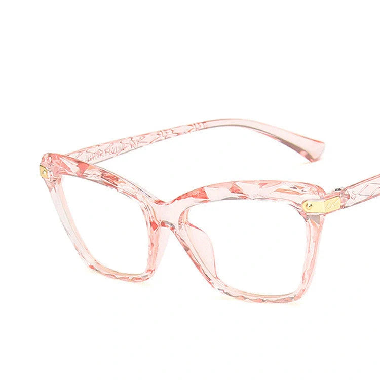 Women's anti-blue light cat eye glasses in transparent pink, bright black, transparent grey, and transparent tea