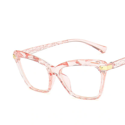 Women's anti-blue light cat eye glasses in transparent pink, bright black, transparent grey, and transparent tea