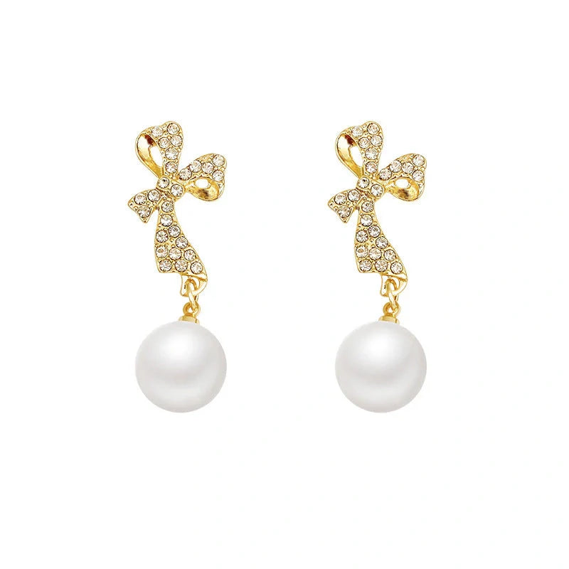 Gold bow diamond crystal earrings for women, fashionable and elegant