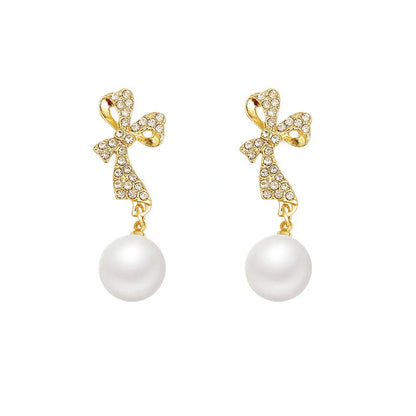 Gold bow diamond crystal earrings for women, fashionable and elegant