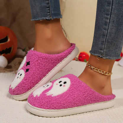 Cozy Halloween-themed cartoon ghost slippers with soft cotton construction and non-slip soles for comfortable indoor wear