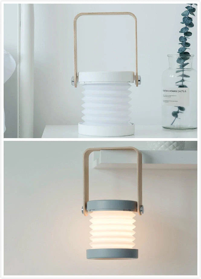 Elegant foldable LED lamp with touch-controlled dimming, rechargeable battery, and modern design for home decor