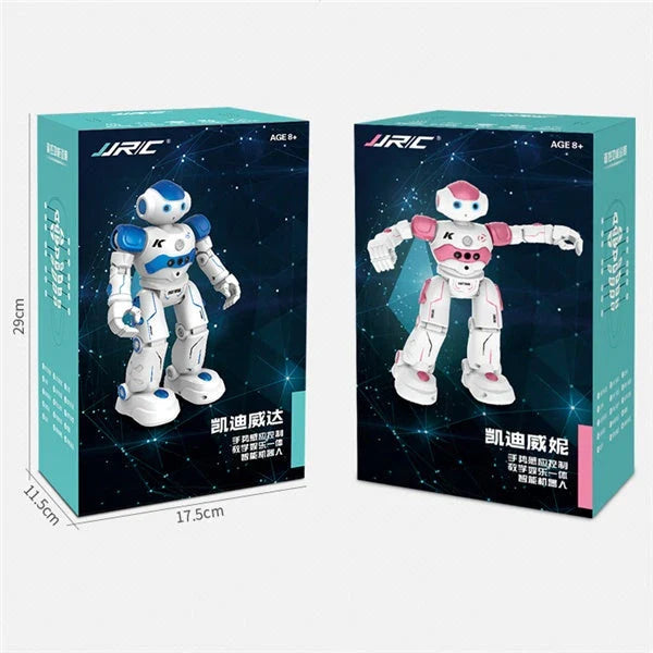 Remote-controlled dancing robot toy with gesture-sensing controls, preprogrammed songs and dances, and customizable programming capabilities