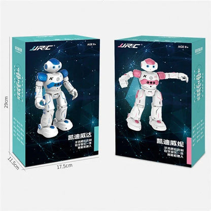 Remote-controlled dancing robot toy with gesture-sensing controls, preprogrammed songs and dances, and customizable programming capabilities