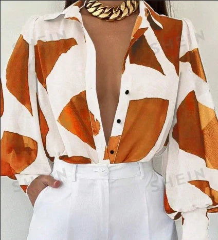 Women's loose geometric print lantern sleeve blouse in multicolor and orange