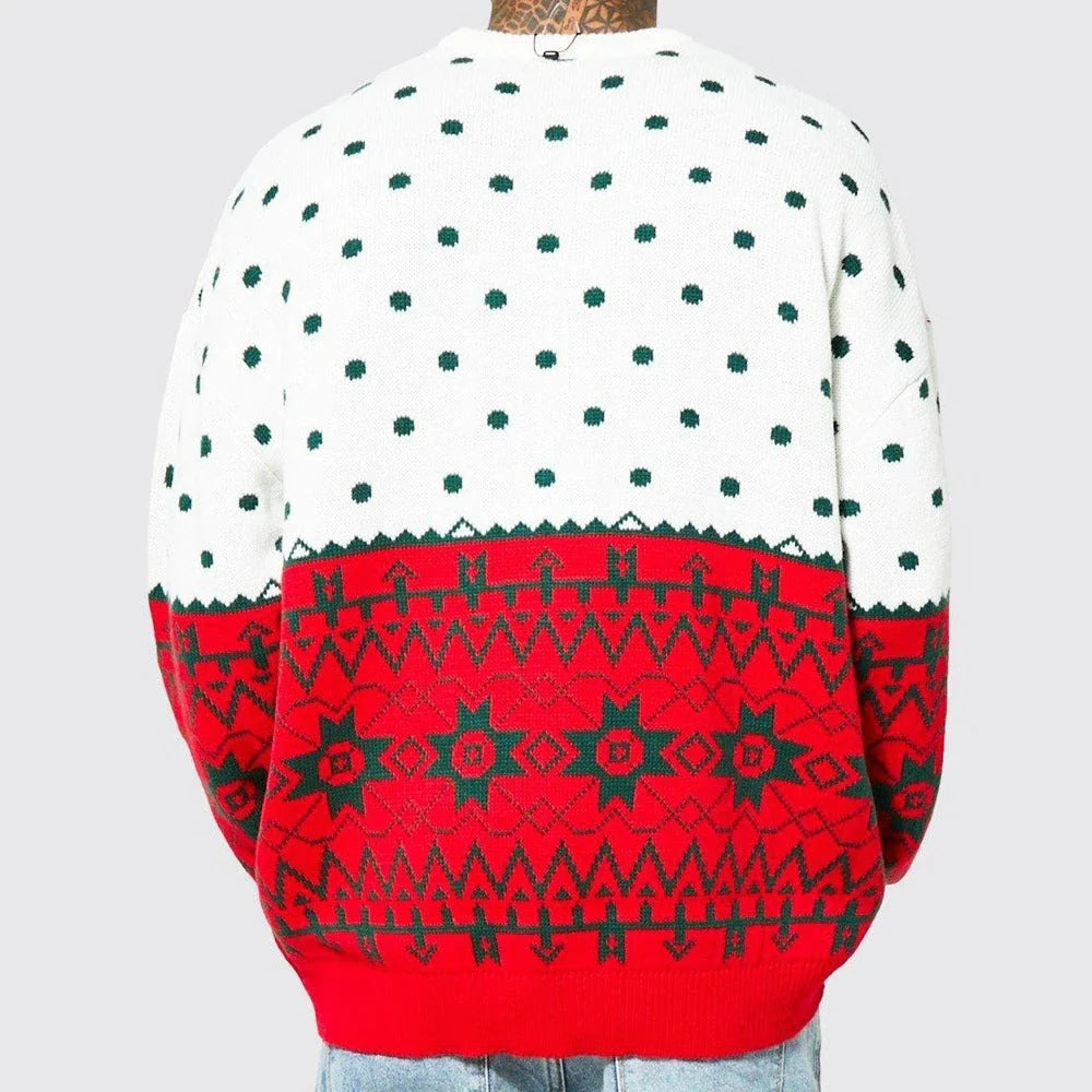 Men's knit jacquard pullover sweater in green and white colors, featuring a relaxed fit and soft, breathable viscose fabric for comfortable wear during autumn, winter, and Christmas seasons.