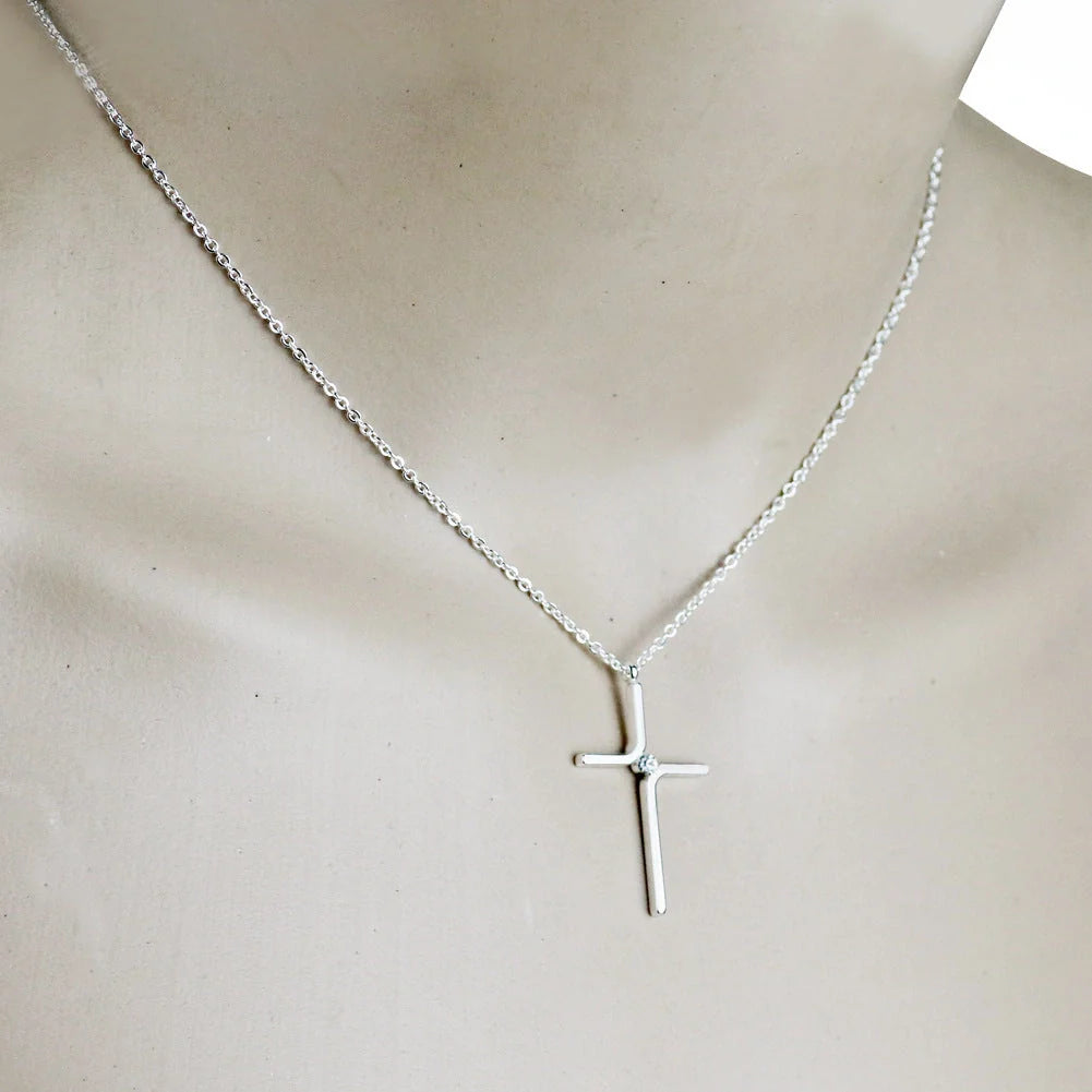 Elegant titanium steel cross pendant necklace with water wave chain