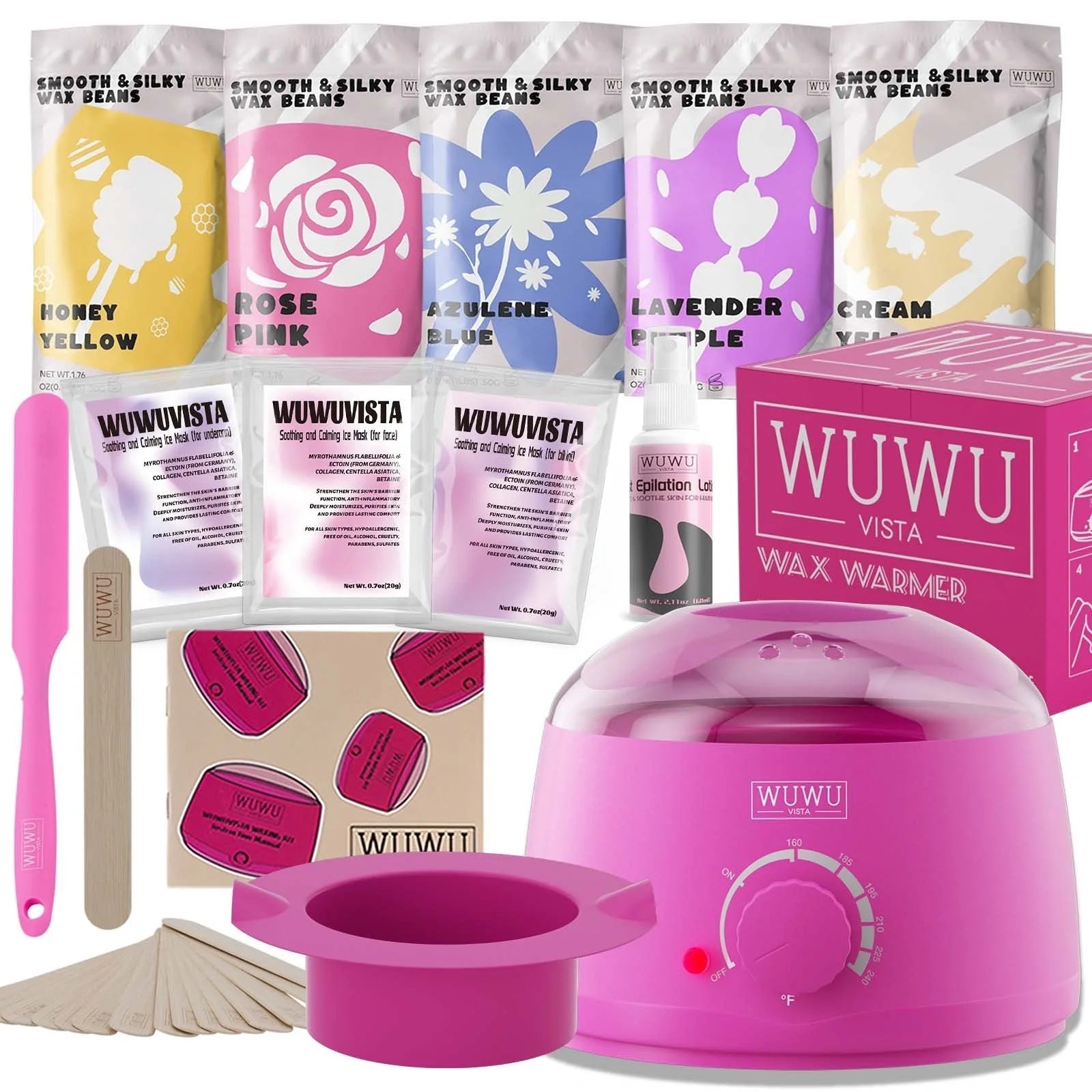 Premium hair removal kit with wax warmer, wax beads, and post-epilation products for smooth, hairless skin