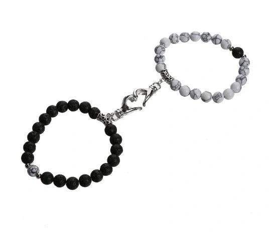Turquoise Peach Heart Magnet Couple Design Bracelet with chamfered square pattern and magnetic clasp
