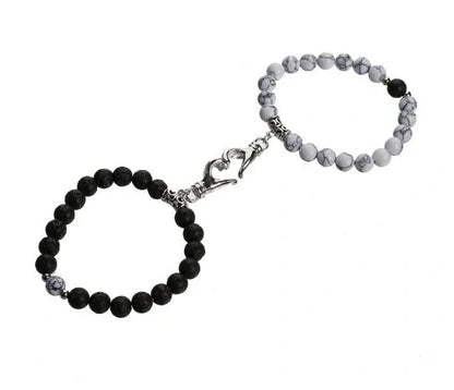 Turquoise Peach Heart Magnet Couple Design Bracelet with chamfered square pattern and magnetic clasp