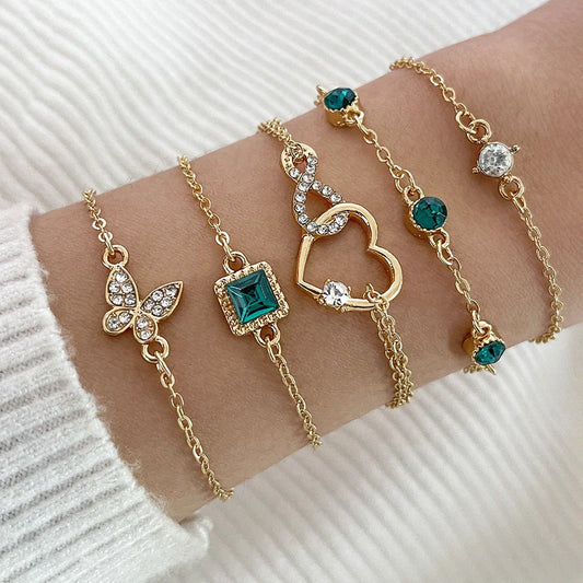Bohemian green crystal heart bracelet set for women