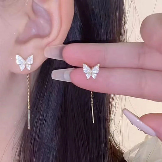 Elegant 925 Sterling Silver Butterfly Tassel Earrings with Delicate Design and Cascading Tassels