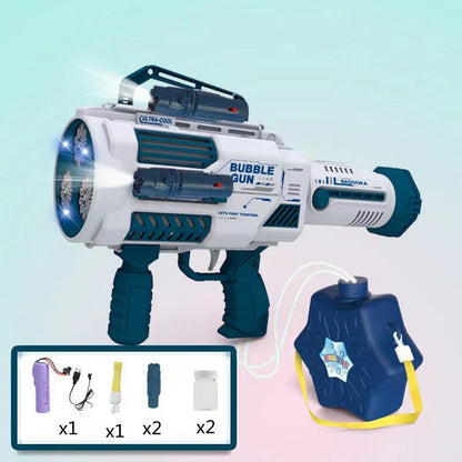 Automatic bubble blaster toy with rocket-shaped design, producing a cloud of colorful bubbles
