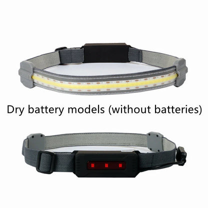 Rechargeable LED headlamp with red safety light, perfect for outdoor activities like cycling, camping, and fishing