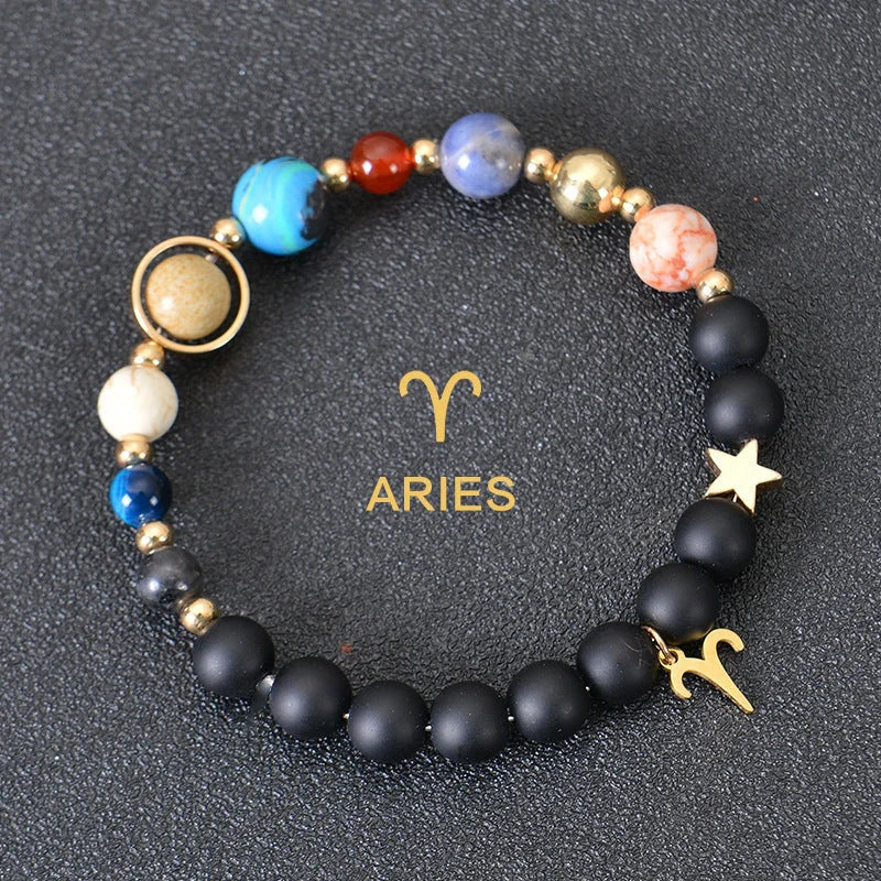 Frosted Stone Beaded Zodiac Bracelet featuring detailed zodiac signs on natural stone beads