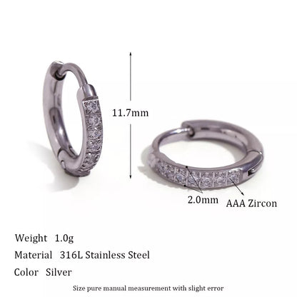 Women's titanium steel rounded edge zircon earrings in gold and steel finishes