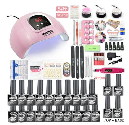 Premium 80W UV Nail Gel Curing Lamp Set with gel polishes, base coat, and top coat for salon-quality manicures at home
