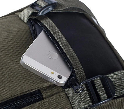 Men's canvas backpack with zippered opening, available in multiple colours including coffee, light khaki, and black.