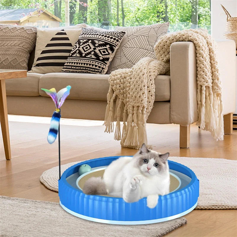 Round cat scratching board with toy ball, protects furniture from scratches