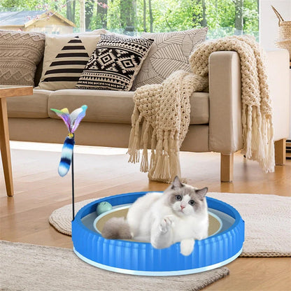 Round cat scratching board with toy ball, protects furniture from scratches