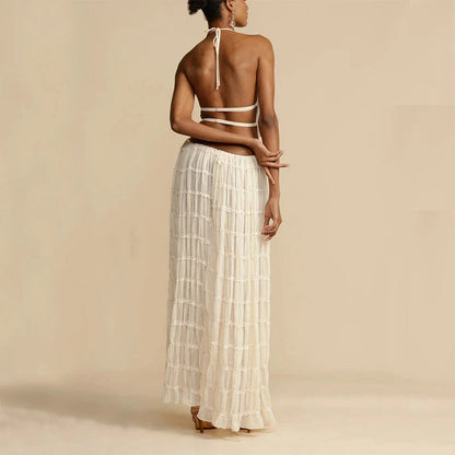 Chic sleeveless backless cropped halter top and pleated maxi dress set in various colors