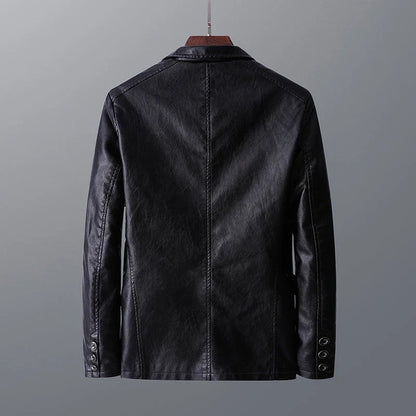 A stylish leather jacket with a unique studded lapel design, perfect for autumn and winter wear.