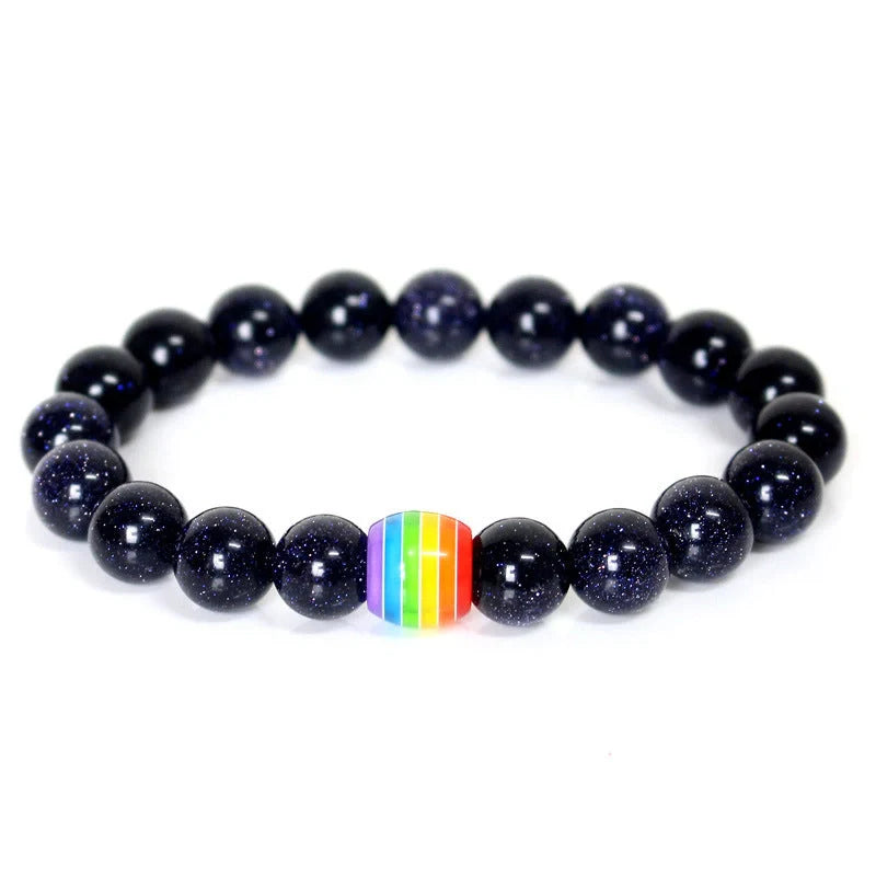 Pride Rainbow Bead Bracelet featuring natural stones in vibrant colours, perfect for unisex wear.