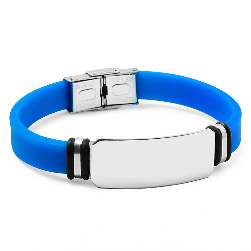 Custom engraved silicone bracelet with stainless steel accents in various colours