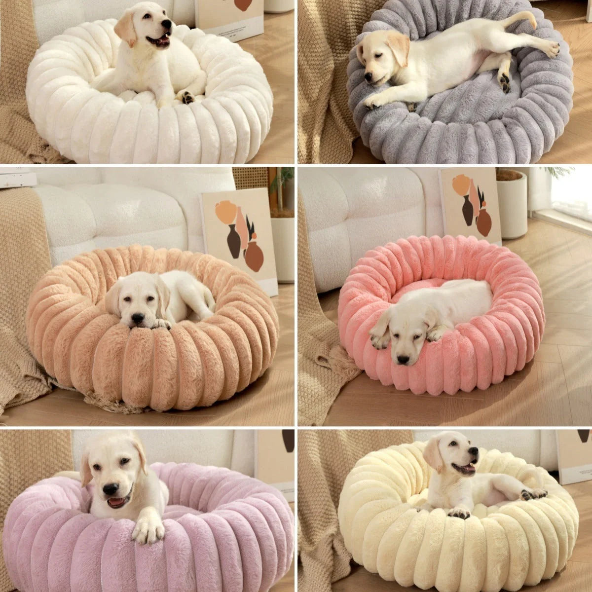 Plush round pet kennel for dogs, available in multiple colours and sizes for winter comfort