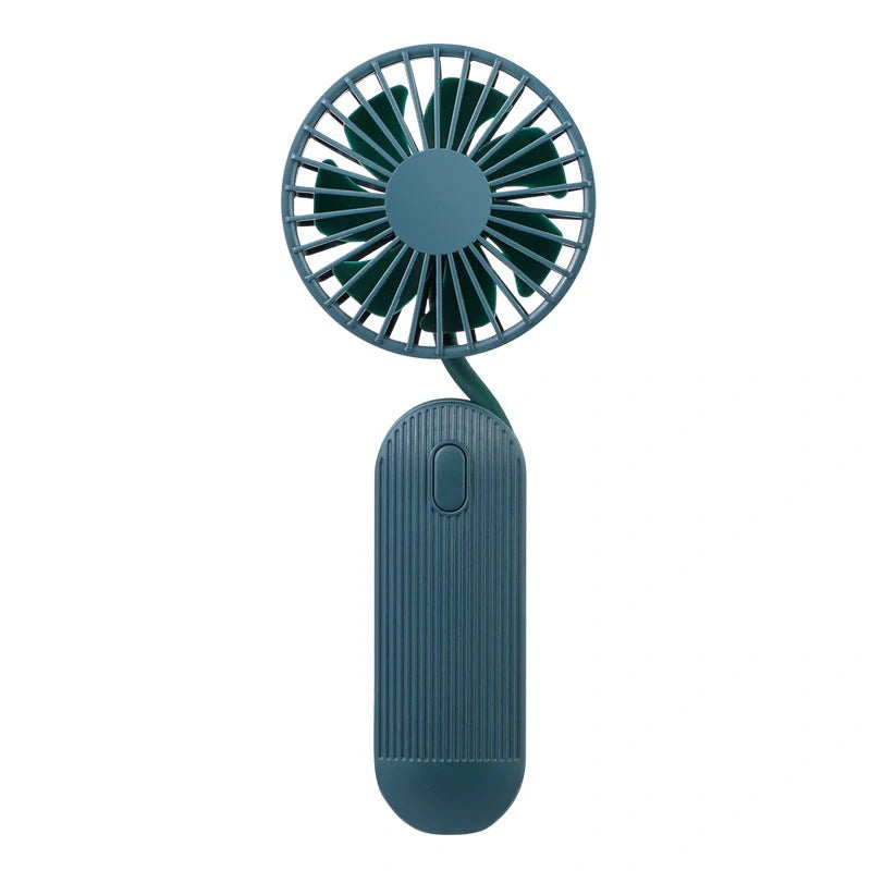 Rechargeable handheld fan in white, blue, and green with 2000mAh battery and silent operation