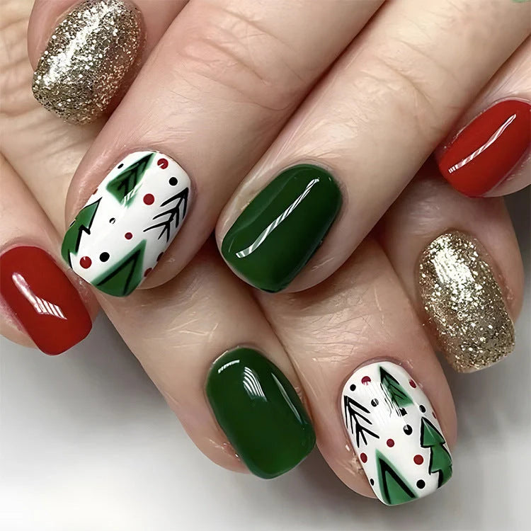 24pcs Christmas false nails with hat striped snowflake design for holiday parties
