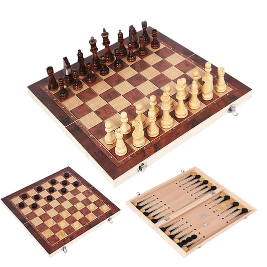 Wooden 3-in-1 board game set with backgammon, chess, and checkers pieces on a wooden game board