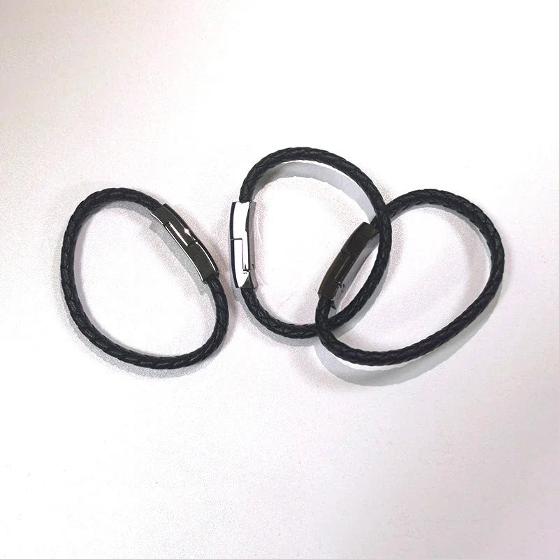 Stylish data cable bracelet in black, white, and brown colors with android, apple, and USB-C connectors