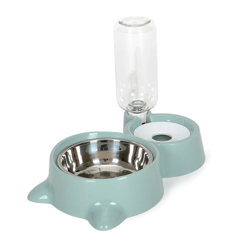 Automatic non-electric pet water dispenser with bowl, 1.8L capacity, available in grey, blue, and pink