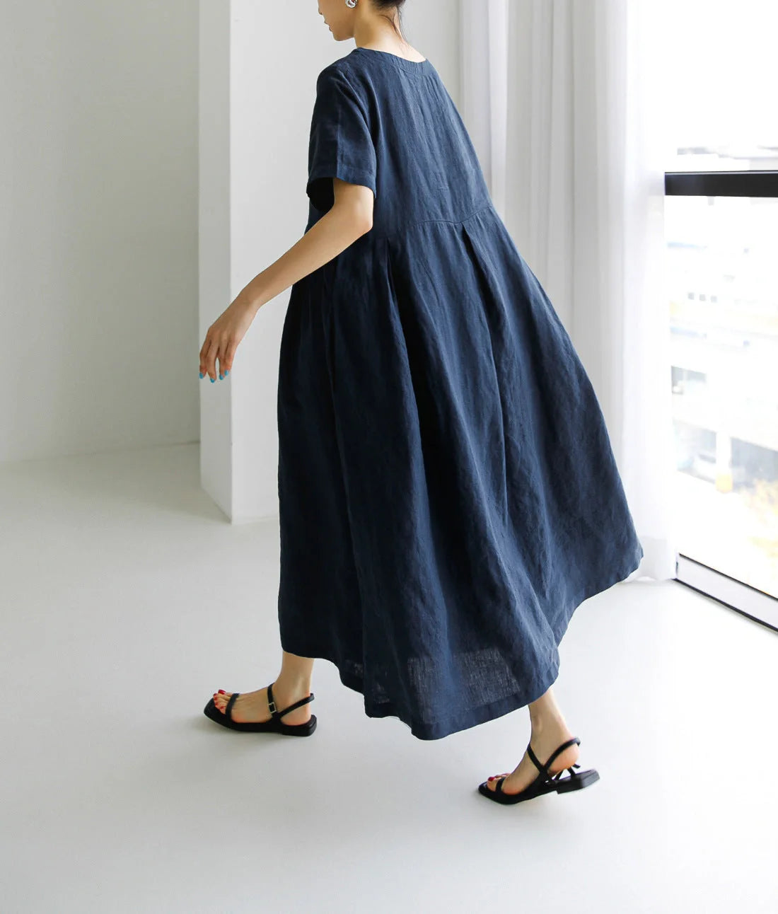 Relaxed Linen and Cotton Round Neck Dress in Navy Blue, Army Green, and Apricot Colours