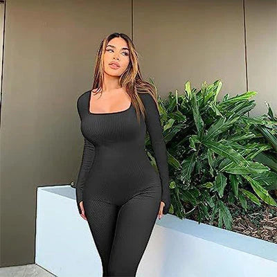 Stylish high-waist yoga jumpsuit with square collar, available in a variety of trendy colors