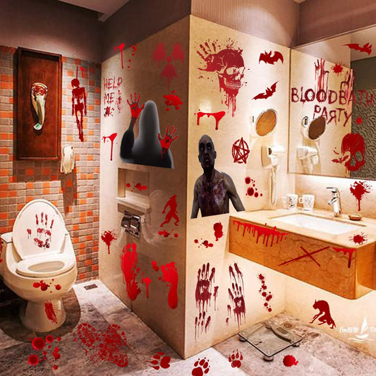 Set of 9 Halloween window stickers featuring bloody handprints, footprints, and splatters