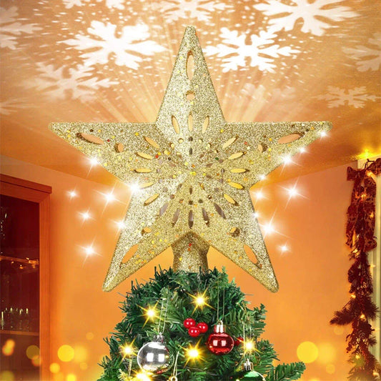 LED Projection Christmas Tree Topper with snowflake and star designs for festive decoration