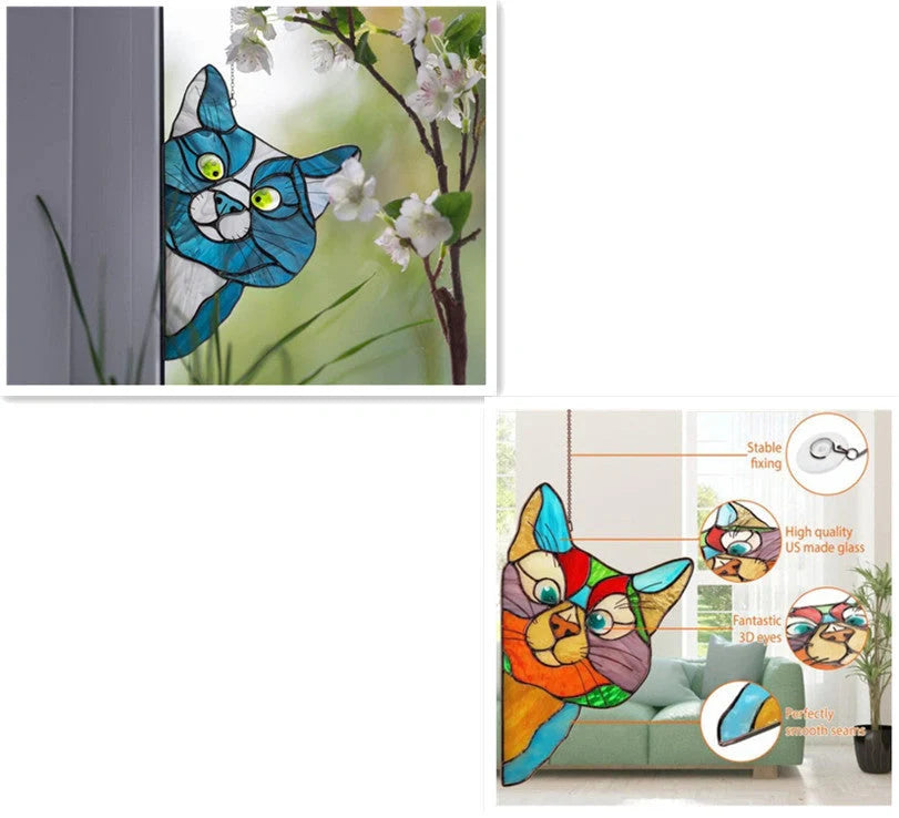 Colourful stained glass cat window hanger decoration, reusable PVC sticker