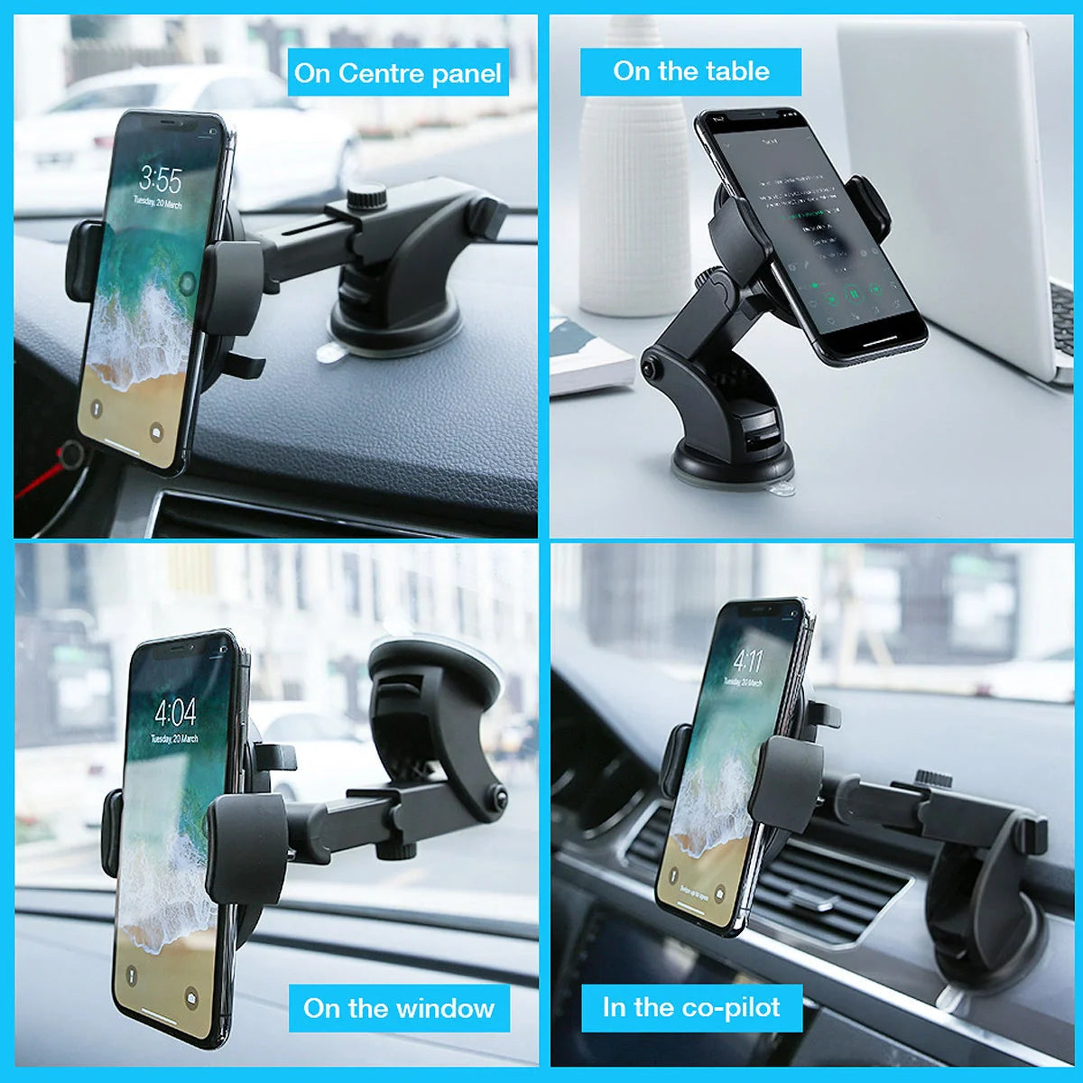 Telescopic car phone holder with suction cup and 360-degree rotation