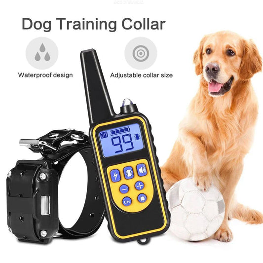 Remote-controlled anti-bark dog training collar with adjustable settings and 800-yard range