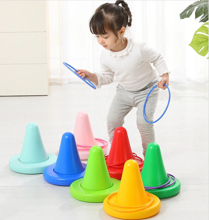 Children's balance training sensory toy with throwing rings in bright colours