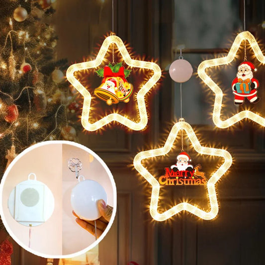 Festive LED star-shaped pendant lights in various holiday-themed designs for window, door, and Christmas tree decoration