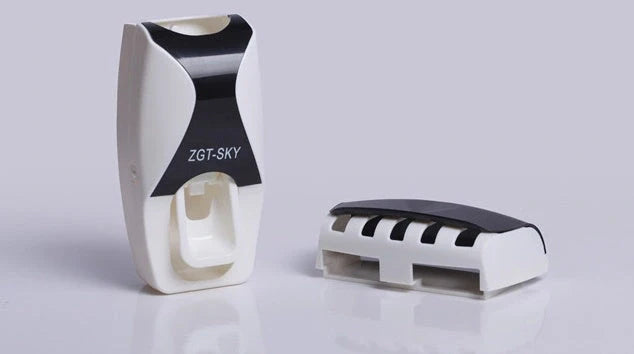 Dust-proof automatic toothpaste squeezer and toothbrush holder set in black, blue, or red