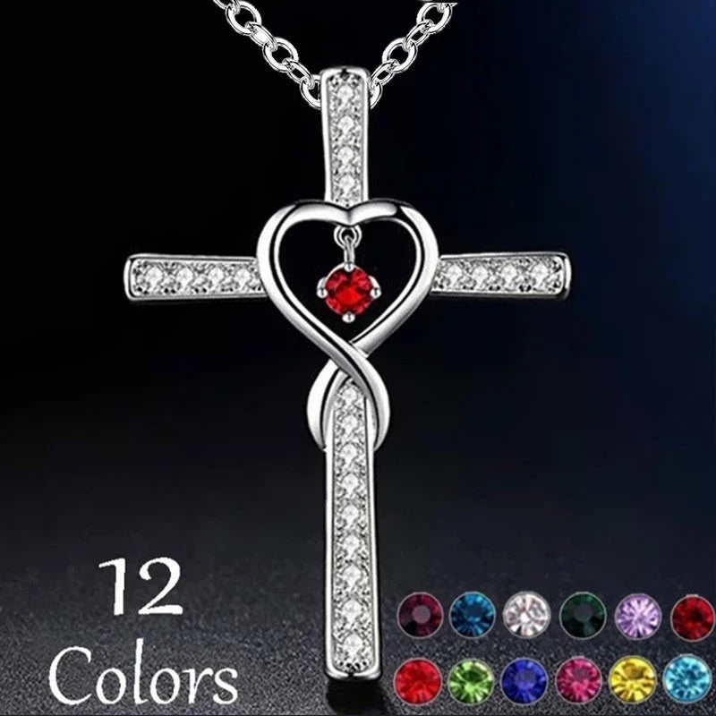 Elegant gold-plated Christian cross necklace with sparkling zircon and diamond gemstones