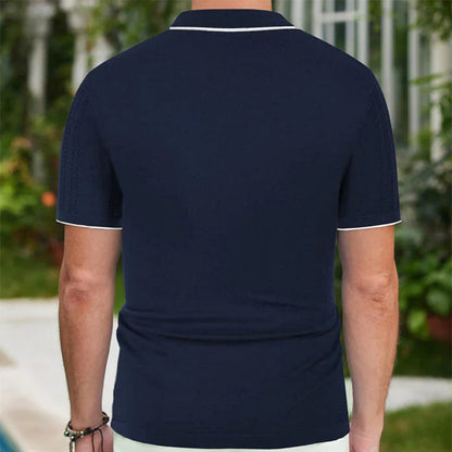 Stylish short-sleeved polo shirt with unique flocked design, available in a variety of rich colors for versatile summer style